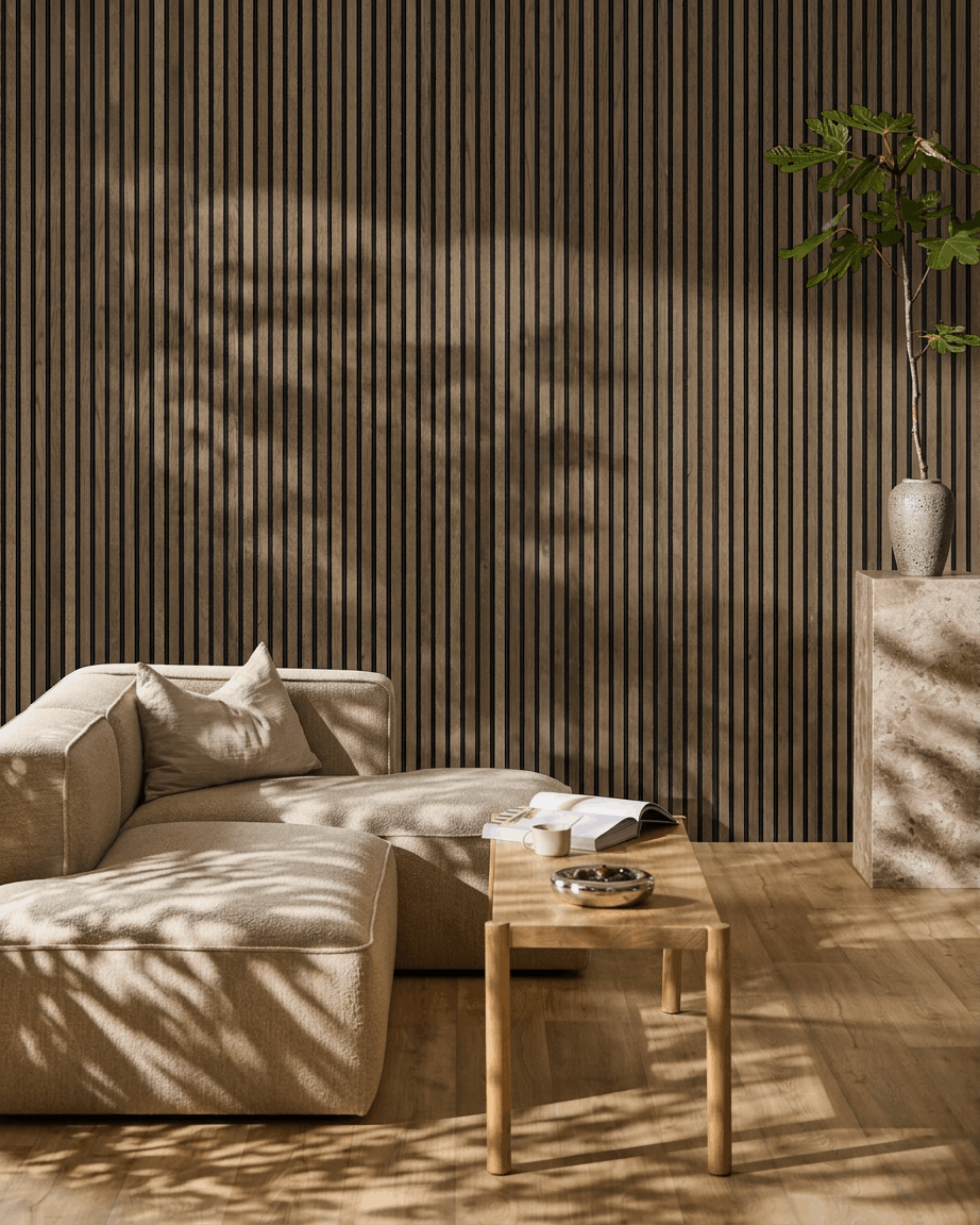 Minimalistische woonkamer met een beige hoekbank, houten salontafel en plant; zonlicht benadrukt het Nordische design en WoodUpp Akupanel Akoestisch paneel in Rustic Grey Oak.